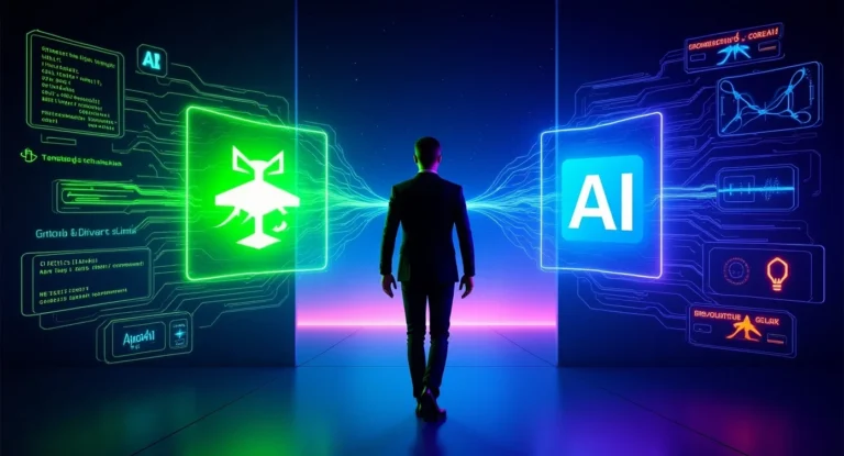A professional, modern newsroom-style illustration showing GitHub’s logo merging into Microsoft’s AI Core division. In the background, AI-generated code streams and holographic interface panels glow, while a symbolic CEO figure walks toward a new startup path. The atmosphere blends corporate transition with technological innovation.