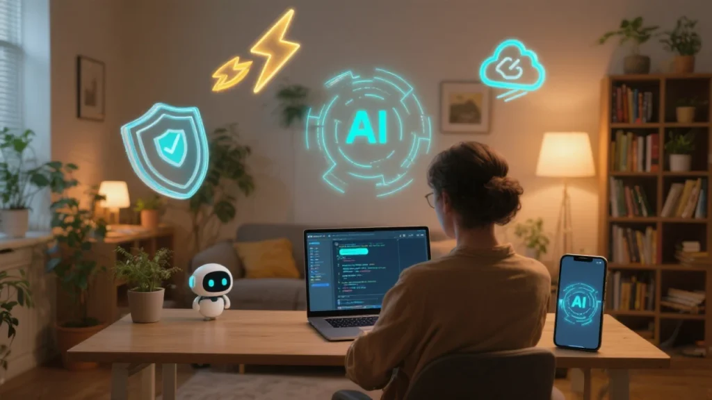 A user working on a laptop in a cozy home office, surrounded by a glowing digital aura representing local AI processing. Floating icons of privacy shields, lightning bolts (for speed), and disconnected cloud symbols emphasize offline functionality. The screen displays a chatbot and coding interface, while nearby, a smartphone mirrors similar AI activity—highlighting that powerful AI is now literally at your fingertips.