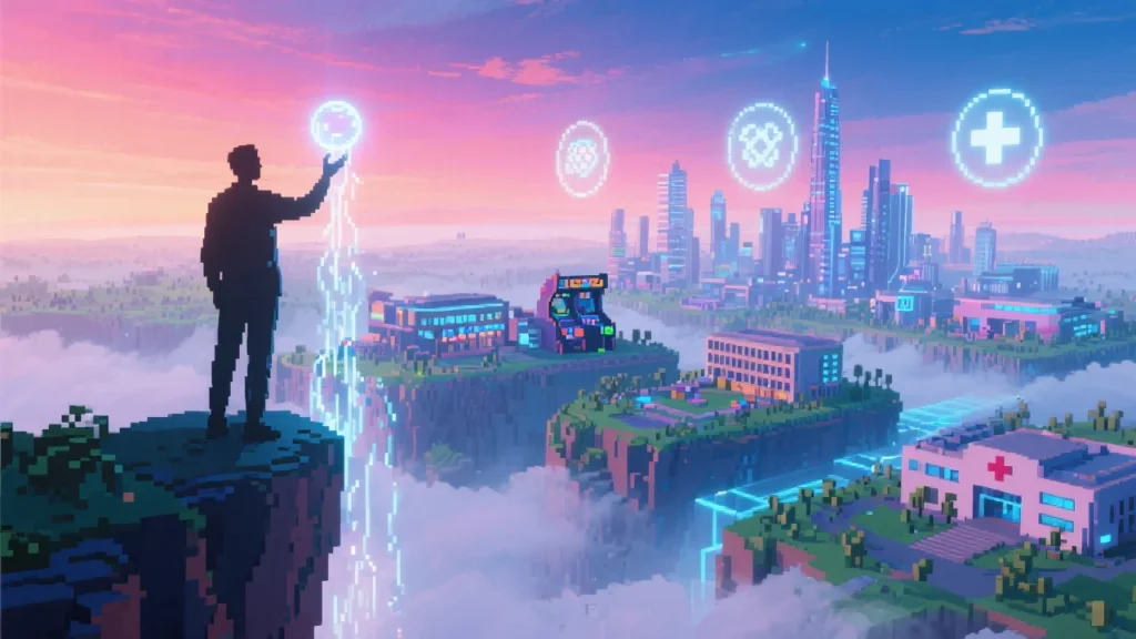 A person stands at the edge of a digital cliff, looking out over a vast, procedurally generated world blending education, gaming, architecture, and healthcare environments—floating icons above each sector. The person holds a glowing orb symbolizing "imagination," and as they raise it, the landscape responds dynamically, shifting in real-time. A faint overlay shows the boundary between physical and virtual blurring like a digital fog.