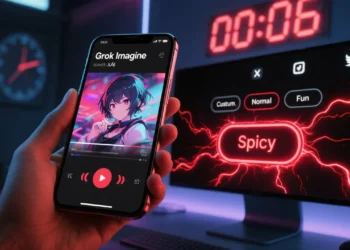 A sleek user interface on a smartphone screen showcasing xAI’s Grok Imagine tool, generating a six-second anime-style video with sound effects. Next to it, a monitor shows the four content generation modes—Custom, Normal, Fun, and “Spicy”—with the latter highlighted. In the background, social media icons (representing X/Twitter) glow, hinting at the tool’s tight platform integration. A digital clock reads 00:06, referencing the 6-second clip duration, while sparks of controversy and innovation swirl around the Spicy mode in neon red.