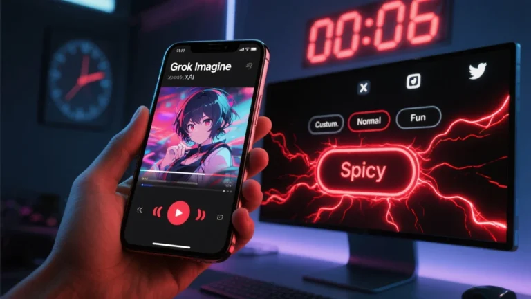 A sleek user interface on a smartphone screen showcasing xAI’s Grok Imagine tool, generating a six-second anime-style video with sound effects. Next to it, a monitor shows the four content generation modes—Custom, Normal, Fun, and “Spicy”—with the latter highlighted. In the background, social media icons (representing X/Twitter) glow, hinting at the tool’s tight platform integration. A digital clock reads 00:06, referencing the 6-second clip duration, while sparks of controversy and innovation swirl around the Spicy mode in neon red.