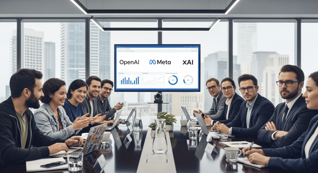 A conference room scene with diverse developers and executives debating in front of a large digital screen showing logos of AI companies like OpenAI, Meta, and xAI. Some participants appear excited and optimistic, while others look skeptical, representing the split between open-source advocates and proprietary defenders.