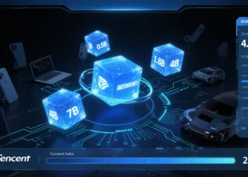 A sleek, futuristic AI model dashboard glowing in soft blue hues, with four floating cubes labeled 0.5B, 1.8B, 4B, and 7B orbiting a central glowing Tencent logo. Background elements suggest smart devices (phones, laptops, cars) and neural network nodes streaming data across circuits. A sidebar displays benchmark scores, and a context token meter maxed out at 256K.