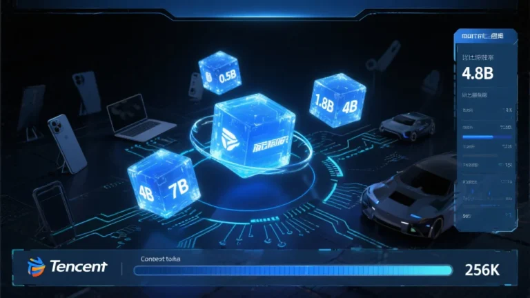 A sleek, futuristic AI model dashboard glowing in soft blue hues, with four floating cubes labeled 0.5B, 1.8B, 4B, and 7B orbiting a central glowing Tencent logo. Background elements suggest smart devices (phones, laptops, cars) and neural network nodes streaming data across circuits. A sidebar displays benchmark scores, and a context token meter maxed out at 256K.