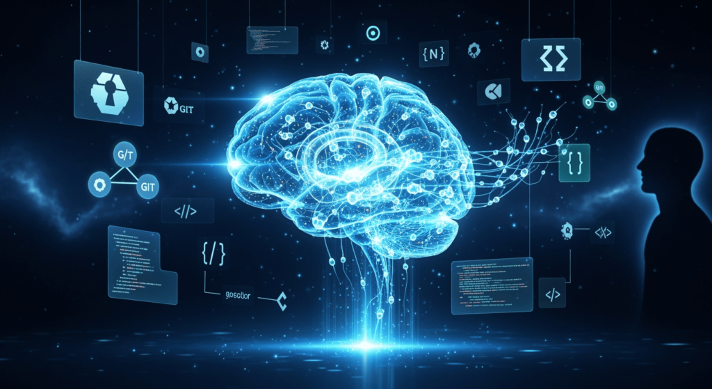 A futuristic digital illustration of an AI brain glowing with blue and white neural circuits, surrounded by open-source symbols and code snippets floating in space. In the background, Elon Musk’s silhouette is faintly visible, representing xAI’s role in releasing Grok 2.5. The overall aesthetic combines cutting-edge technology with the theme of openness and collaboration.