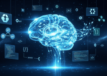 A futuristic digital illustration of an AI brain glowing with blue and white neural circuits, surrounded by open-source symbols and code snippets floating in space. In the background, Elon Musk’s silhouette is faintly visible, representing xAI’s role in releasing Grok 2.5. The overall aesthetic combines cutting-edge technology with the theme of openness and collaboration.