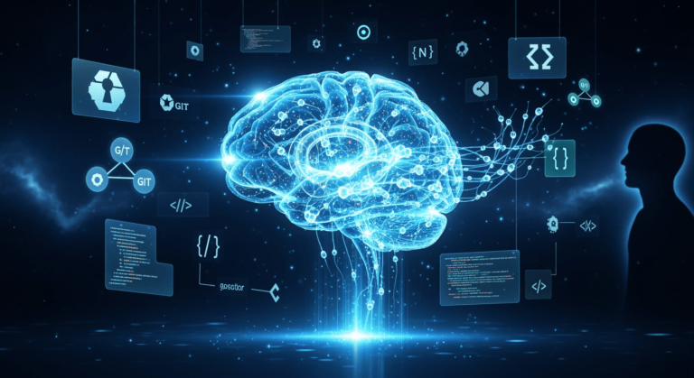 A futuristic digital illustration of an AI brain glowing with blue and white neural circuits, surrounded by open-source symbols and code snippets floating in space. In the background, Elon Musk’s silhouette is faintly visible, representing xAI’s role in releasing Grok 2.5. The overall aesthetic combines cutting-edge technology with the theme of openness and collaboration.