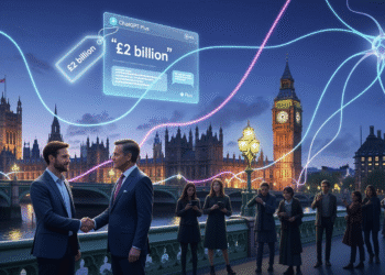 A digitally illustrated scene of UK Parliament and Big Ben connected with glowing neural network lines. Sam Altman and Peter Kyle stand in the foreground shaking hands, while a symbolic £2 billion price tag hovers above a ChatGPT Plus interface projected in the sky. In the background, silhouettes of British citizens look on, highlighting the national-scale implications of AI adoption.”