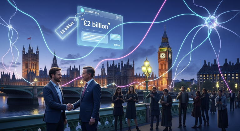 A digitally illustrated scene of UK Parliament and Big Ben connected with glowing neural network lines. Sam Altman and Peter Kyle stand in the foreground shaking hands, while a symbolic £2 billion price tag hovers above a ChatGPT Plus interface projected in the sky. In the background, silhouettes of British citizens look on, highlighting the national-scale implications of AI adoption.”