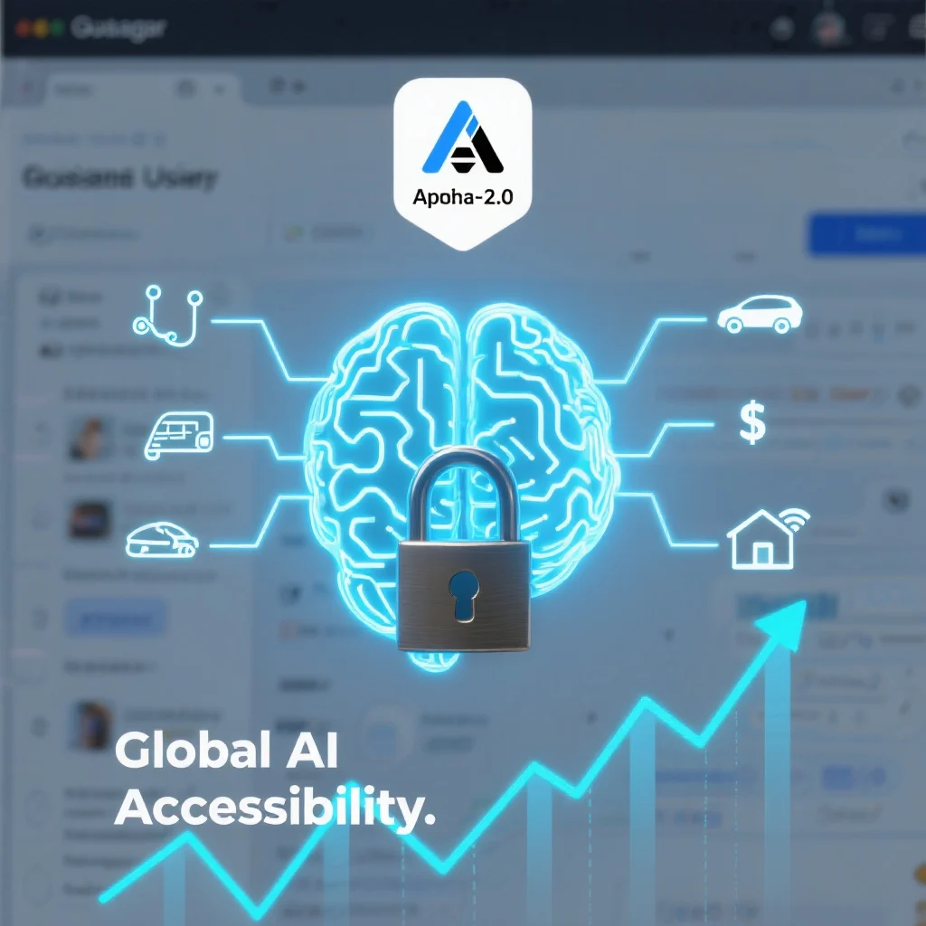 An open padlock overlaid on a glowing AI brain, with circuit traces branching out toward various industries—healthcare, automotive, finance, and smart homes—represented by simple icons. The background shows a GitHub interface, with the Apache-2.0 license logo floating above. A graph shows a rising curve labeled "Global AI Accessibility," underscoring Tencent’s democratization of AI.
