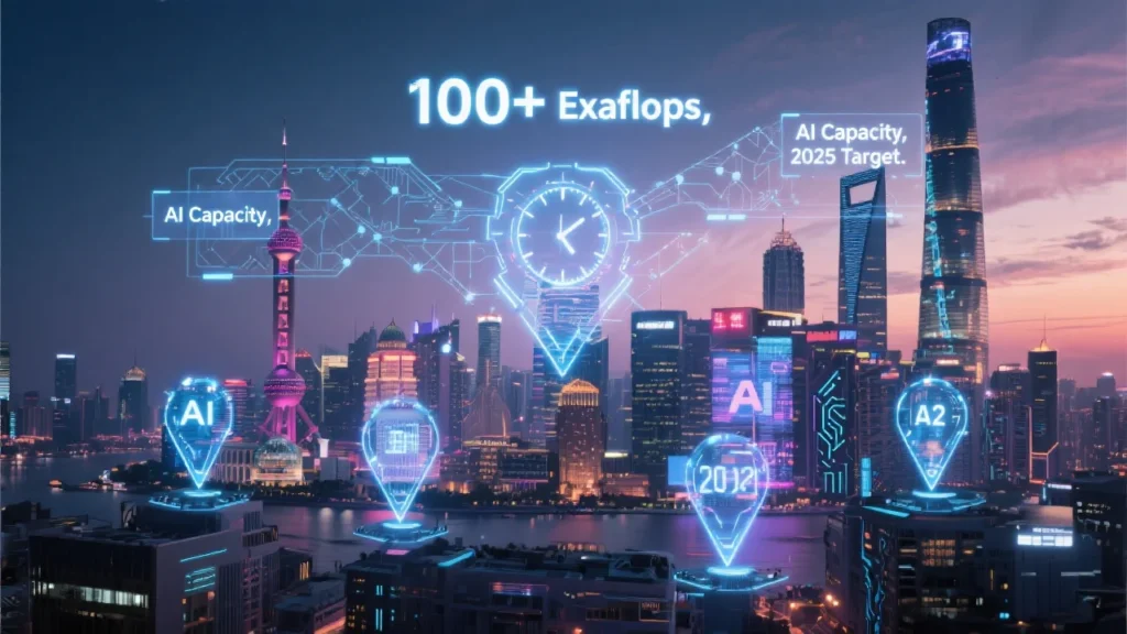 A high-tech cityscape of Shanghai at dusk, with five glowing digital pins marking future data center locations across the skyline. A translucent network grid overlays the city, symbolizing data connectivity. Hovering UI elements display “100+ Exaflops,” “AI Capacity,” and “2025 Target,” while a digital clock ticks toward a 2025 deadline. Skyscrapers are subtly shaped like circuit boards, representing AI integration into urban infrastructure.