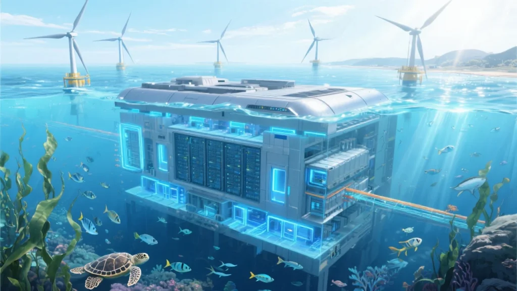 A cross-section illustration of an underwater data center located just off Shanghai’s coast. The submerged facility, designed with sleek, futuristic architecture, is surrounded by clear blue seawater and connected via fiber-optic cables to the shore. Above water, spinning offshore wind turbines generate clean energy. Sunlight pierces the surface, revealing marine life swimming around the data center, emphasizing harmony between technology and nature.