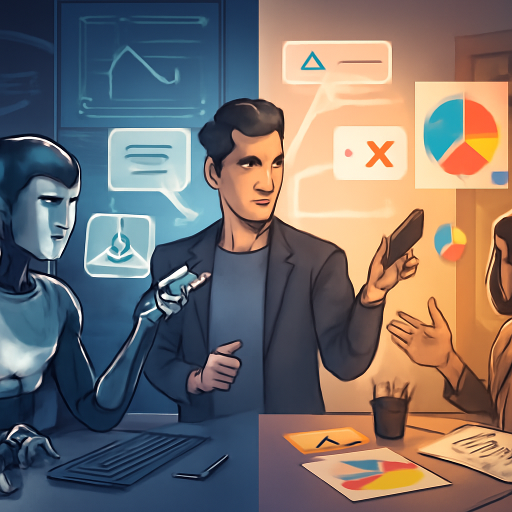 A split-screen illustration: on one side, the “Robot” personality generating precise code and technical diagrams; on the other, the “Nerd” personality presenting vibrant infographics and colorful idea boards. Between them, the “Cynic” points out flaws with witty annotations, while the “Listener” engages in a warm brainstorming session. The background blends a digital workspace with creative studio elements, representing balanced productivity and innovation.