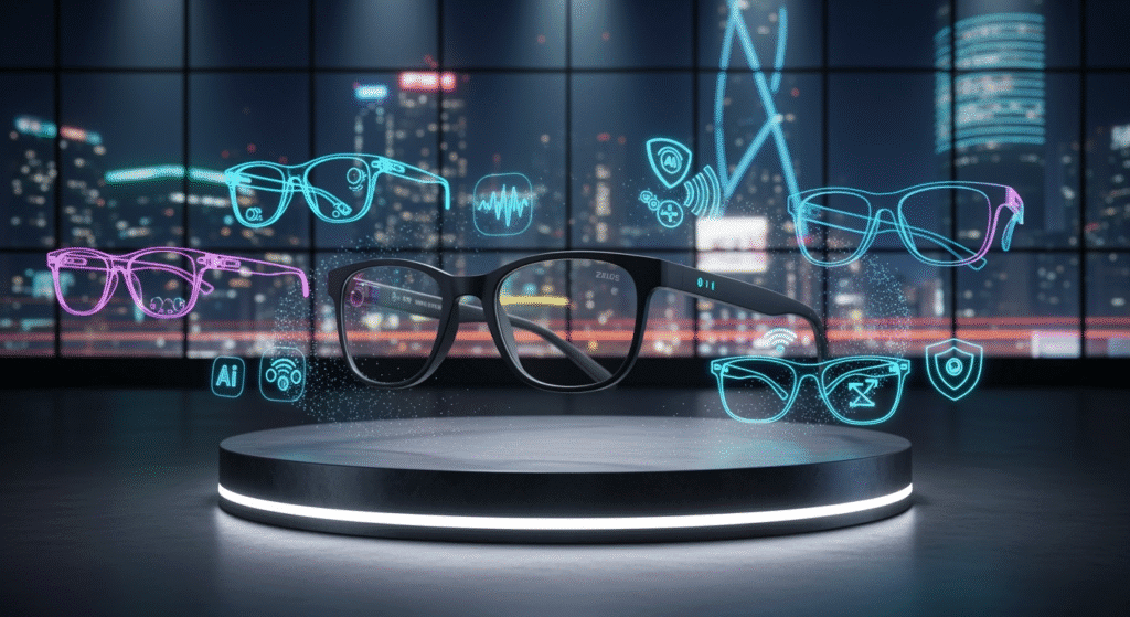 HTC Vive Eagle AI smart glasses displayed on a pedestal with dramatic spotlights, surrounded by glowing digital graphics of Meta’s Ray-Bans and other competing eyewear. A futuristic city skyline in the background emphasizes the beginning of a new tech battle in smart wearables.