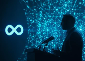 A professional editorial-style image showing Meta’s corporate logo alongside a silhouette of Robby Starbuck speaking at a podium, with an abstract AI neural network graphic in the background symbolizing bias detection and fairness in artificial intelligence.