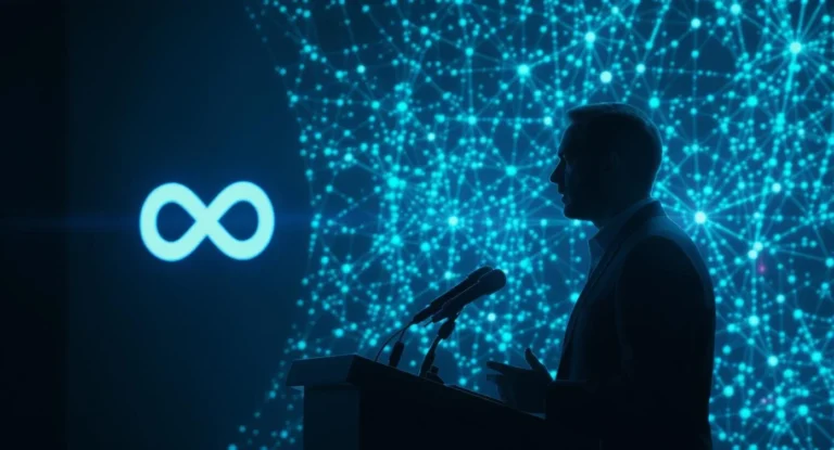 A professional editorial-style image showing Meta’s corporate logo alongside a silhouette of Robby Starbuck speaking at a podium, with an abstract AI neural network graphic in the background symbolizing bias detection and fairness in artificial intelligence.