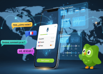 A sleek illustration of a smartphone screen showing the Google Translate app with AI-powered language lessons, alongside chat bubbles in multiple languages (Spanish, French, Hindi). On one side, the iconic Duolingo owl looks on, while futuristic AI holograms generate personalized lessons. The background features a world map with glowing connection lines, symbolizing global communication and learning.