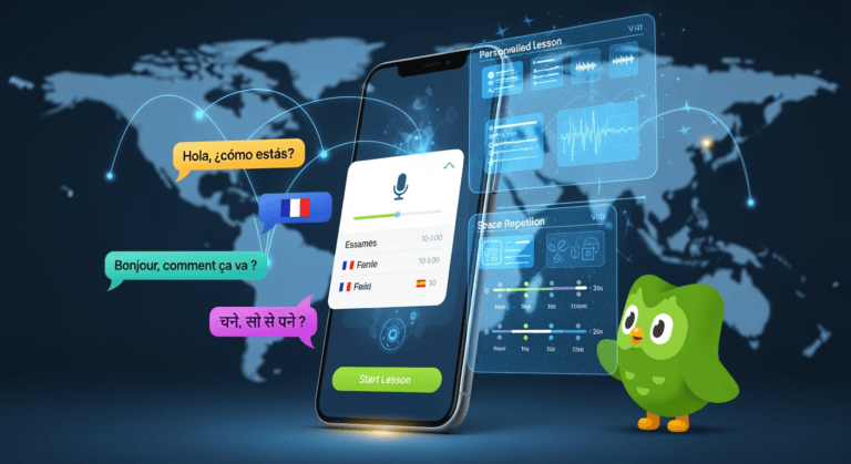 A sleek illustration of a smartphone screen showing the Google Translate app with AI-powered language lessons, alongside chat bubbles in multiple languages (Spanish, French, Hindi). On one side, the iconic Duolingo owl looks on, while futuristic AI holograms generate personalized lessons. The background features a world map with glowing connection lines, symbolizing global communication and learning.
