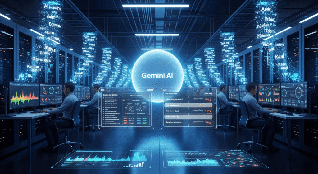 A futuristic server room glowing with neon lights, where AI holograms display streams of words in different languages. At the center, a large glowing orb labeled “Gemini AI” projects lesson plans and live translations. Engineers in the background monitor screens showing language graphs and speech waveforms.