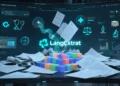 A sleek, futuristic computer interface showing a chaotic jumble of unstructured documents transforming into clean, color-coded data blocks. Hovering elements represent AI-powered tools processing text in real-time, with the LangExtract logo glowing at the center. Background includes healthcare, legal, and research iconography to depict industry applications.