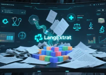 A sleek, futuristic computer interface showing a chaotic jumble of unstructured documents transforming into clean, color-coded data blocks. Hovering elements represent AI-powered tools processing text in real-time, with the LangExtract logo glowing at the center. Background includes healthcare, legal, and research iconography to depict industry applications.