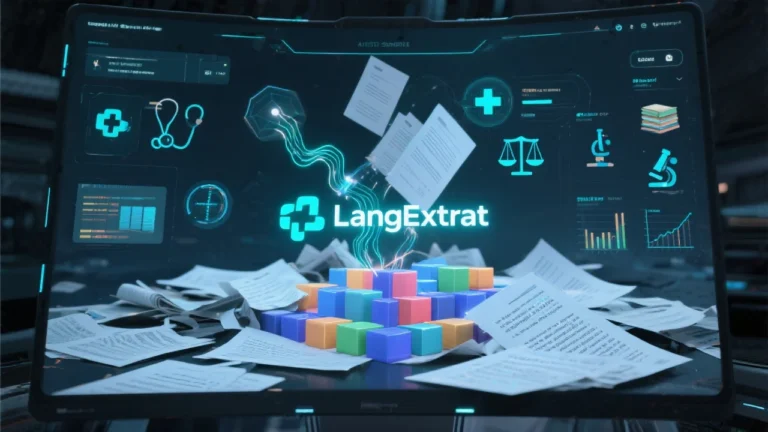 A sleek, futuristic computer interface showing a chaotic jumble of unstructured documents transforming into clean, color-coded data blocks. Hovering elements represent AI-powered tools processing text in real-time, with the LangExtract logo glowing at the center. Background includes healthcare, legal, and research iconography to depict industry applications.