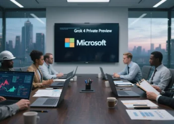 A modern corporate office setting with a large Microsoft logo in the background, a conference table covered in laptops and technical reports, and a big screen displaying the words “Grok 4 Private Preview.” On one side, engineers are analyzing complex AI data visualizations; on the other, compliance officers are reviewing safety protocols. The atmosphere is tense yet focused, symbolizing the balance between innovation and caution.