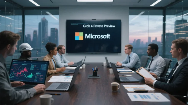 A modern corporate office setting with a large Microsoft logo in the background, a conference table covered in laptops and technical reports, and a big screen displaying the words “Grok 4 Private Preview.” On one side, engineers are analyzing complex AI data visualizations; on the other, compliance officers are reviewing safety protocols. The atmosphere is tense yet focused, symbolizing the balance between innovation and caution.