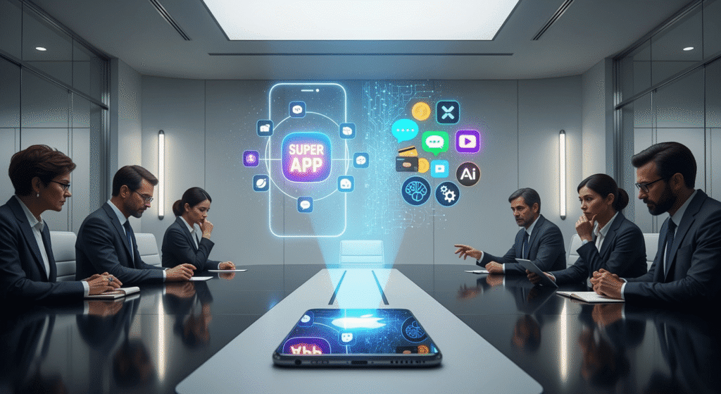 An illustration of Apple executives inside a sleek boardroom, watching a giant hologram projection of WeChat’s ‘super app’ dominating a smartphone. On another side of the hologram, X and Grok are depicted expanding into multiple features like messaging, payments, and AI tools. The Apple team looks worried as their iPhone appears overshadowed by a glowing super app icon