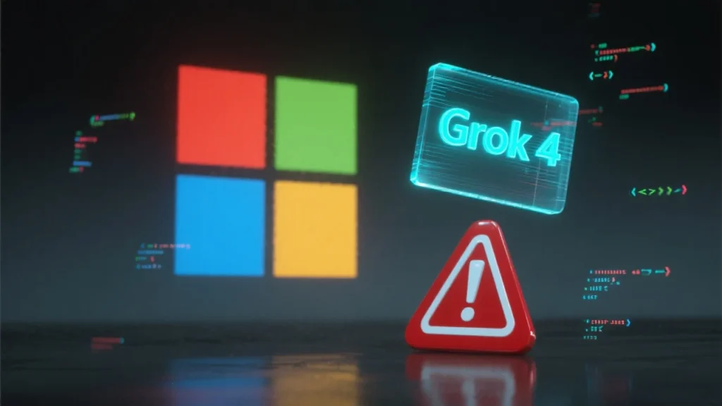 A sleek, minimalist graphic of the Microsoft logo against a dark background, with a glowing “Grok 4” hologram partially obscured by a red caution sign. Subtle code snippets float in the air, hinting at cutting-edge AI technology under careful watch.