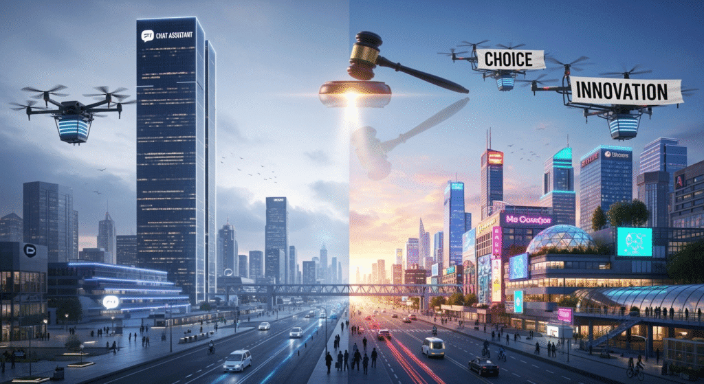 A split-screen futuristic cityscape: on one side, a monopolized AI world dominated by a towering ChatGPT-branded skyscraper with Apple’s logo on top; on the other, a bustling, diverse skyline filled with competing AI brands and innovation hubs. Flying drones carry banners reading ‘Choice’ and ‘Innovation,’ while a giant gavel hovers in the sky, symbolizing the looming legal decision.
