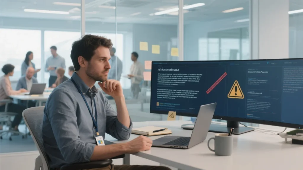 A thoughtful Microsoft engineer sitting in a well-lit workspace, gazing at a screen filled with AI-generated text and safety warnings. In the background, a blurred image of diverse professionals collaborating symbolizes the real-world impact of AI decisions on people.