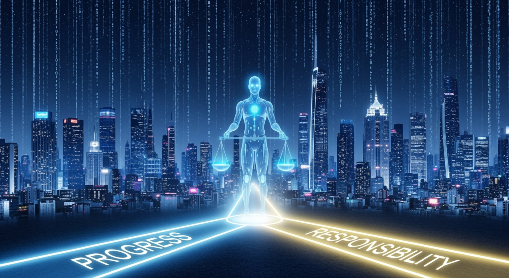 An AI assistant symbolized by a glowing, transparent humanoid figure stands at a crossroads with two illuminated paths: one marked “Progress” and the other “Responsibility.” The AI holds a balance scale glowing in blue, representing safety and ethics. In the background, digital code streams flow across a futuristic city skyline, symbolizing rapid AI growth.