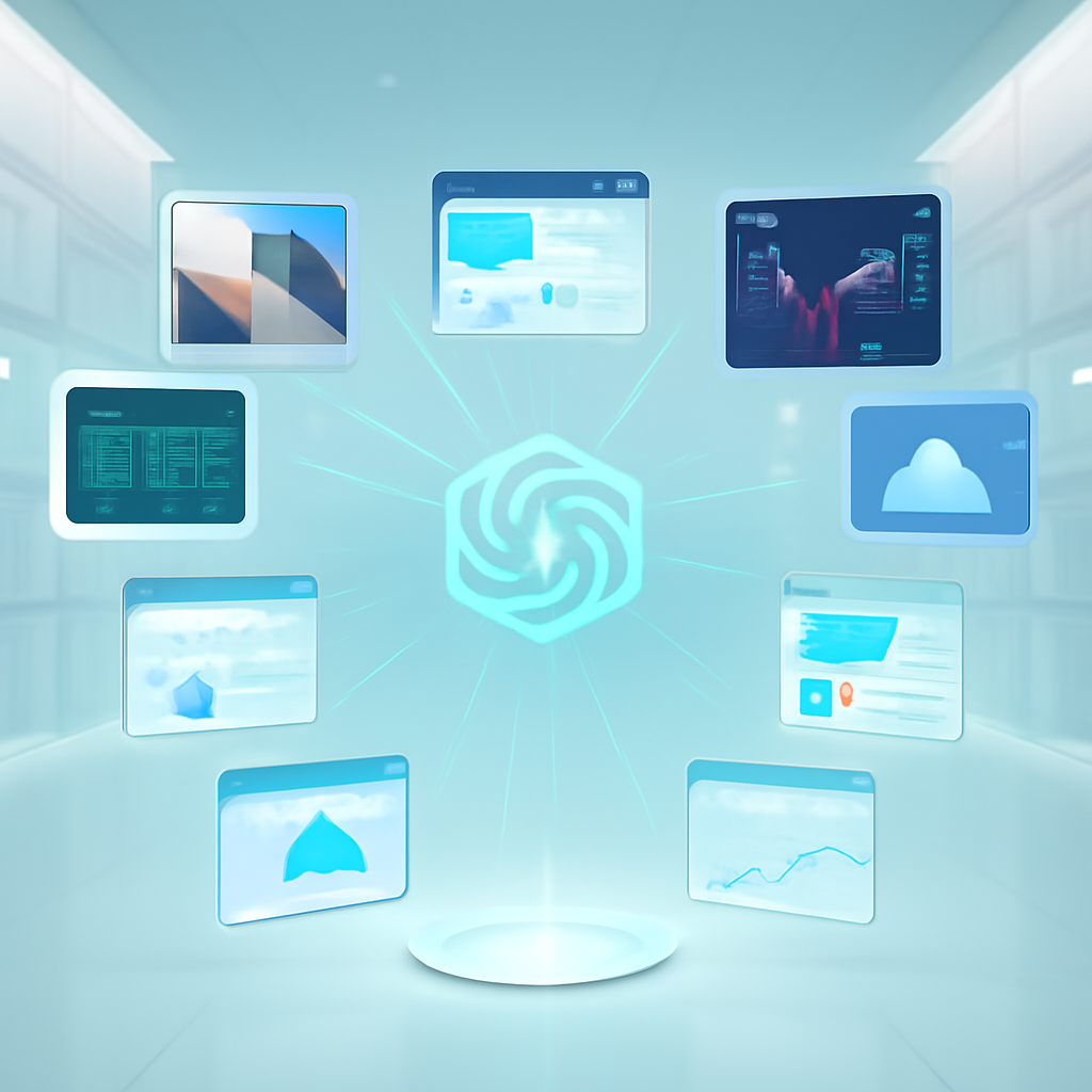 A neatly arranged digital library scene with glowing floating panels showing article thumbnails from various tech news sites like Tom’s Guide, Bloomberg, and MSPowerUser. Each panel is connected by sleek, glowing data lines to a central ChatGPT-5 icon, symbolizing aggregated knowledge from multiple reputable sources. The color scheme is clean and minimal, emphasizing credibility and information flow.