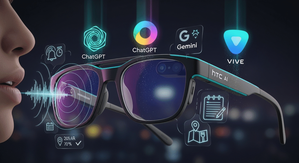 A close-up of the Vive Eagle glasses with holographic AI icons floating around them: ChatGPT, Google Gemini, and HTC’s own VIVE AI assistant. A user is giving a voice command, while digital task icons like reminders, notes, and restaurant recommendations appear seamlessly in midair