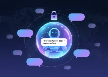 A sleek digital illustration of a futuristic AI assistant represented as a glowing orb connected to multiple chat bubbles. Some bubbles show remembered details (like “YouTube channel idea: Japanese food”), while others fade out, symbolizing temporary chats. The background features a secure lock icon and faint world map, representing privacy and global rollout limits.