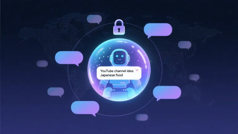 A sleek digital illustration of a futuristic AI assistant represented as a glowing orb connected to multiple chat bubbles. Some bubbles show remembered details (like “YouTube channel idea: Japanese food”), while others fade out, symbolizing temporary chats. The background features a secure lock icon and faint world map, representing privacy and global rollout limits.