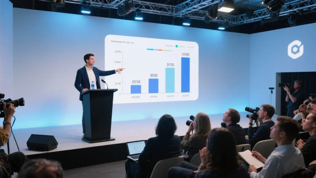 A high-resolution image showing a modern tech conference stage with a large presentation screen displaying a bar chart. The bars are mismatched to the numerical data, creating a visual inaccuracy. In the foreground, reporters and attendees react with surprise while someone at a podium, resembling Sam Altman, gestures toward the chart. The atmosphere mixes professionalism with tension, capturing the irony of a high-tech launch marred by a simple data error.