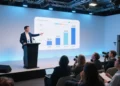 A high-resolution image showing a modern tech conference stage with a large presentation screen displaying a bar chart. The bars are mismatched to the numerical data, creating a visual inaccuracy. In the foreground, reporters and attendees react with surprise while someone at a podium, resembling Sam Altman, gestures toward the chart. The atmosphere mixes professionalism with tension, capturing the irony of a high-tech launch marred by a simple data error.