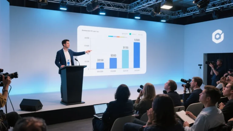 A high-resolution image showing a modern tech conference stage with a large presentation screen displaying a bar chart. The bars are mismatched to the numerical data, creating a visual inaccuracy. In the foreground, reporters and attendees react with surprise while someone at a podium, resembling Sam Altman, gestures toward the chart. The atmosphere mixes professionalism with tension, capturing the irony of a high-tech launch marred by a simple data error.
