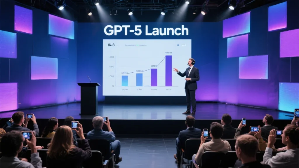 A sleek conference stage with bright LED panels displaying “GPT-5 Launch” in bold letters. A large presentation screen shows a bar chart with visibly incorrect proportions, drawing puzzled looks from an audience of journalists and tech enthusiasts. The speaker at the podium appears mid-sentence, while some attendees are already snapping photos of the flawed slide.