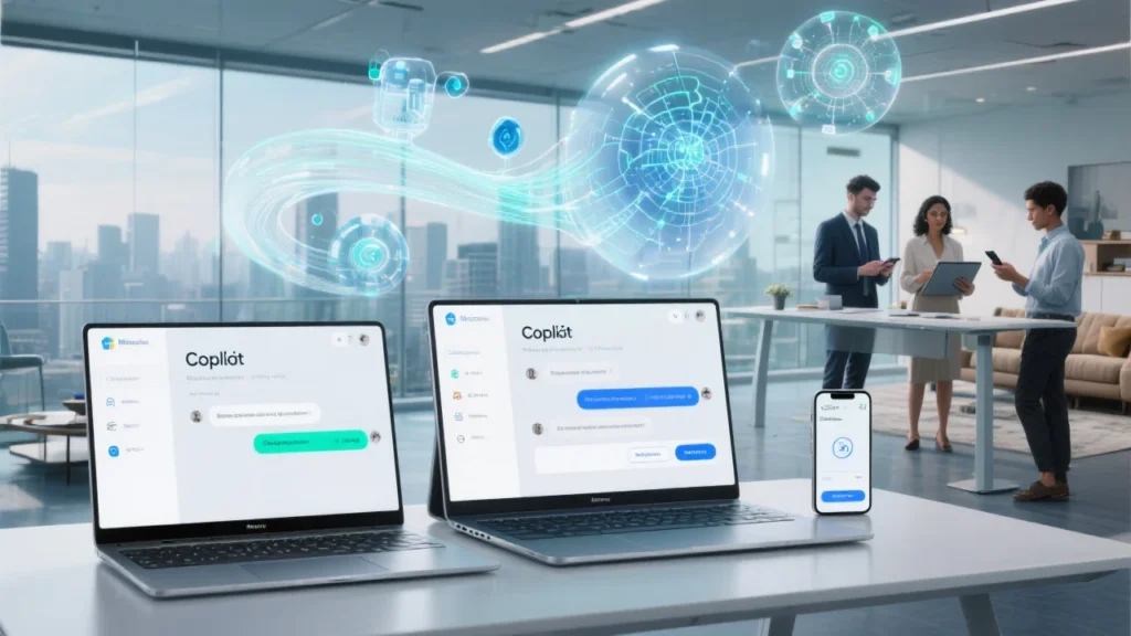 A high-tech, futuristic collage showing the Microsoft Copilot interface across devices (PC, tablet, smartphone), with AI holographic visuals and glowing neural network lines flowing between them, symbolizing GPT-5 integration. Corporate and consumer users appear collaborating in a sleek office and casual settings, highlighting accessibility and productivity.