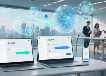 A high-tech, futuristic collage showing the Microsoft Copilot interface across devices (PC, tablet, smartphone), with AI holographic visuals and glowing neural network lines flowing between them, symbolizing GPT-5 integration. Corporate and consumer users appear collaborating in a sleek office and casual settings, highlighting accessibility and productivity.