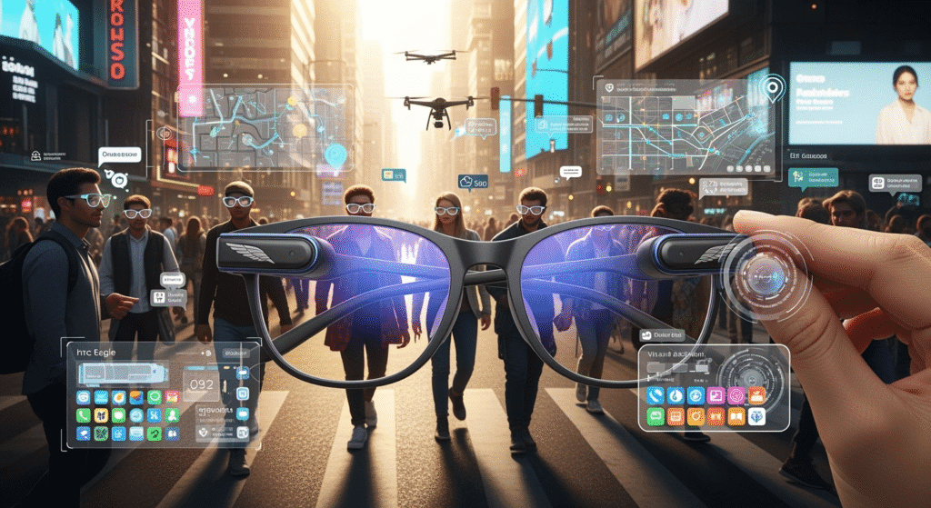 Futuristic concept art of people in a bustling city, many wearing different styles of smart glasses, with AI-powered overlays like translations, maps, and virtual assistants projected in front of them. The HTC Vive Eagle stands out in the foreground as a symbol of innovation and the future of wearable technology.