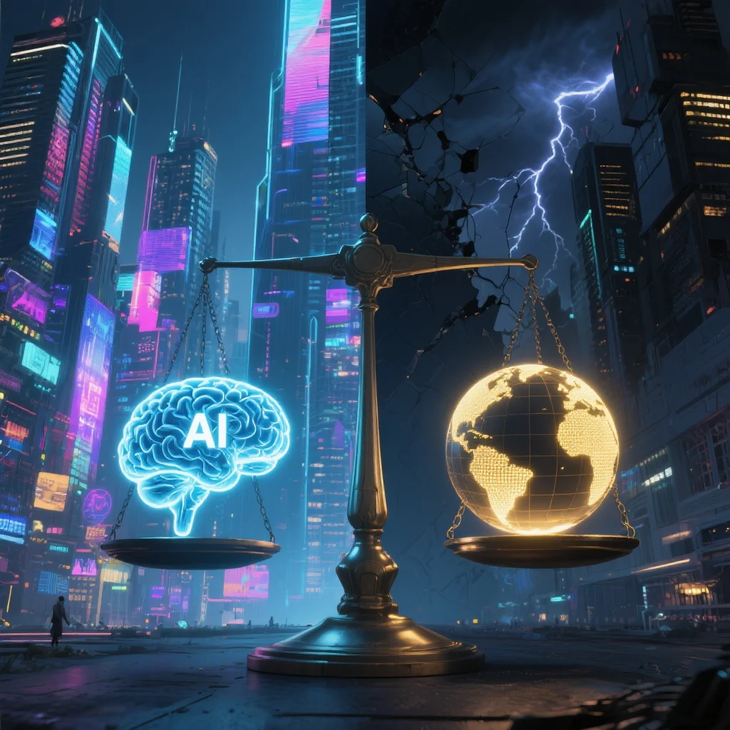 A balanced scale in a futuristic cityscape: on one side sits a glowing AI brain, and on the other side, a globe symbolizing humanity. The background is divided—half bright, symbolizing innovation, and half dark, symbolizing risks. The imagery reflects the dual nature of AI’s promise and peril.