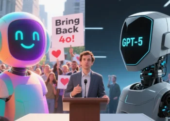 A split-screen illustration showing two AI avatars: one warm, smiling, and colorful representing GPT-4o, the other sleek, minimalistic, and corporate-looking representing GPT-5. Users in the background hold protest signs with hearts and text like ‘Bring Back 4o!’ while Sam Altman is shown at a podium addressing the crowd.