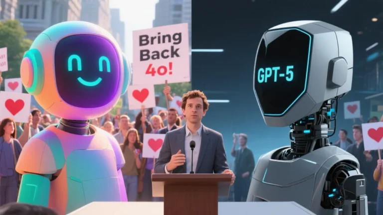 A split-screen illustration showing two AI avatars: one warm, smiling, and colorful representing GPT-4o, the other sleek, minimalistic, and corporate-looking representing GPT-5. Users in the background hold protest signs with hearts and text like ‘Bring Back 4o!’ while Sam Altman is shown at a podium addressing the crowd.