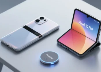A sleek flat-lay shot of the Google Pixel 10 Pro and Pixel 10 Pro Fold side by side on a minimalist table. The Pixel 10 Pro shows its glossy back with the signature horizontal camera bar, while the Fold is half-open to reveal its inner 8-inch ultra-bright display. A magnetic charging puck (Pixelsnap) sits nearby, hinting at the new Qi2 wireless charging feature. The setting emphasizes modern innovation with a futuristic vibe.