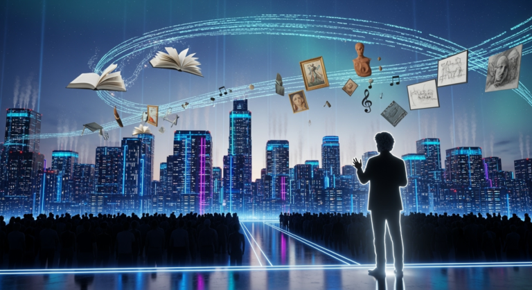 A futuristic digital landscape featuring skyscraper-like data centers glowing with neon lights, symbolizing trillion-dollar AI infrastructure. In the foreground, a stylized silhouette of Sam Altman stands addressing a crowd, while AI-generated code streams across the sky, merging with human-written books and art pieces, representing the tension between AI and human creativity.
