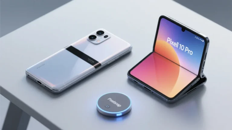 A sleek flat-lay shot of the Google Pixel 10 Pro and Pixel 10 Pro Fold side by side on a minimalist table. The Pixel 10 Pro shows its glossy back with the signature horizontal camera bar, while the Fold is half-open to reveal its inner 8-inch ultra-bright display. A magnetic charging puck (Pixelsnap) sits nearby, hinting at the new Qi2 wireless charging feature. The setting emphasizes modern innovation with a futuristic vibe.